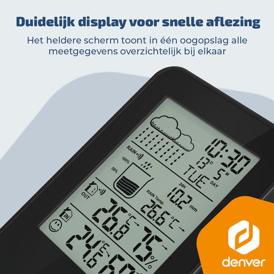 Close-up van een zwart weerstation met een helder display waarop tijd, datum, temperatuur en regenval worden getoond.