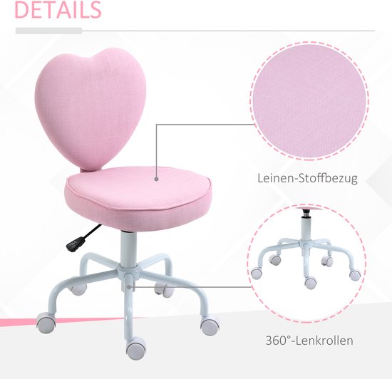 Roze bureaustoel met hartvormige rugleuning, linnen stof, verstelbare zwenkwielen.