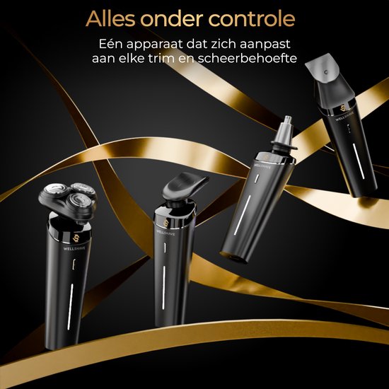 Verschillende opzetstukken voor het Wellshave scheerapparaat: scheerkop, trimmer, neustrimmer.