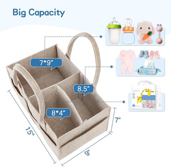 Famanu – Vilten luiermand organizer - draagbare opbergmand voor babykamer en commode - beige - duurzaam materiaal - meerdere vakken - ideaal voor luiers - doekjes en verzorgingsproducten — afbeelding 2