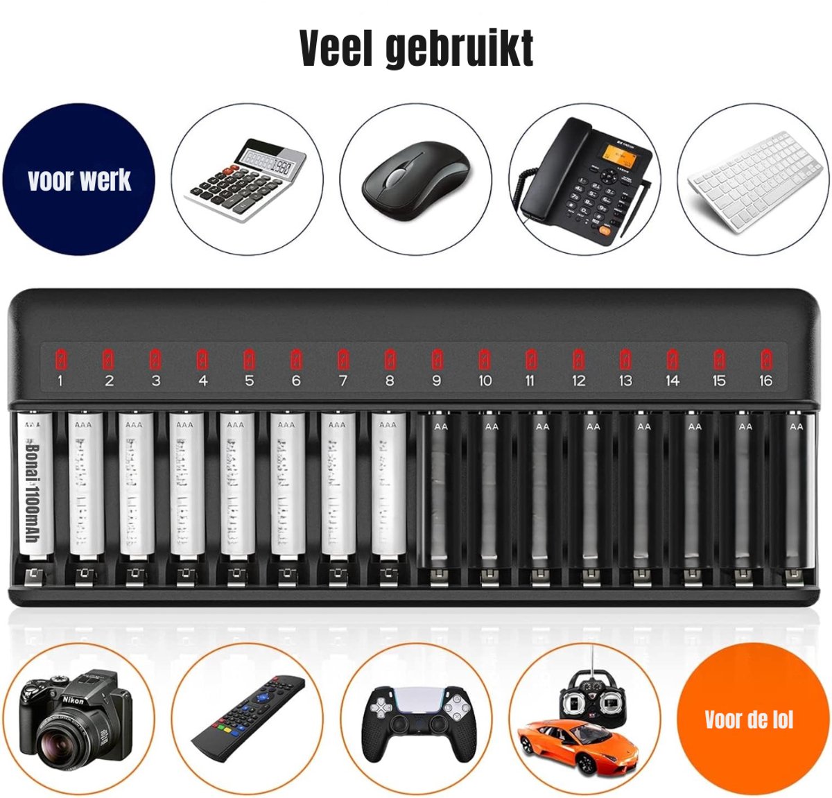 MMM® Batterijlader - Oplaadbare Batterijen aa - Batterij - 16 Slot - met AC-Oplaadkabel