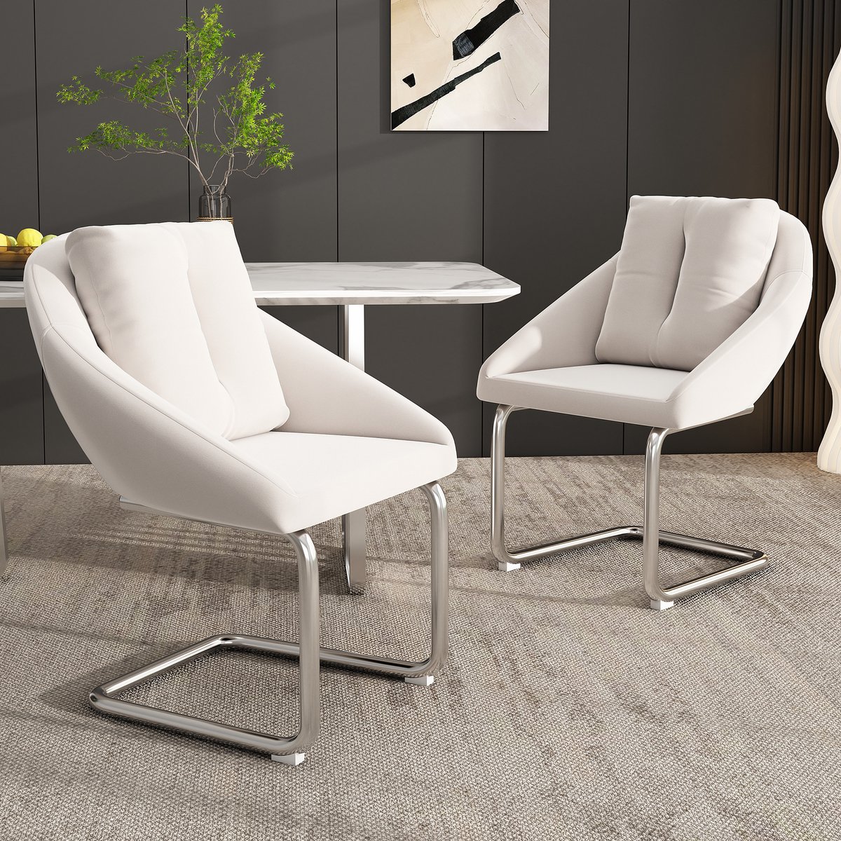 STILVORA Eetkamerstoel - Luxe Velvet Set van 2 - Ergonomisch met Kussens en Gebogen Poten - Voor Woonkamer en Slaapkamer - Beige Grijs
