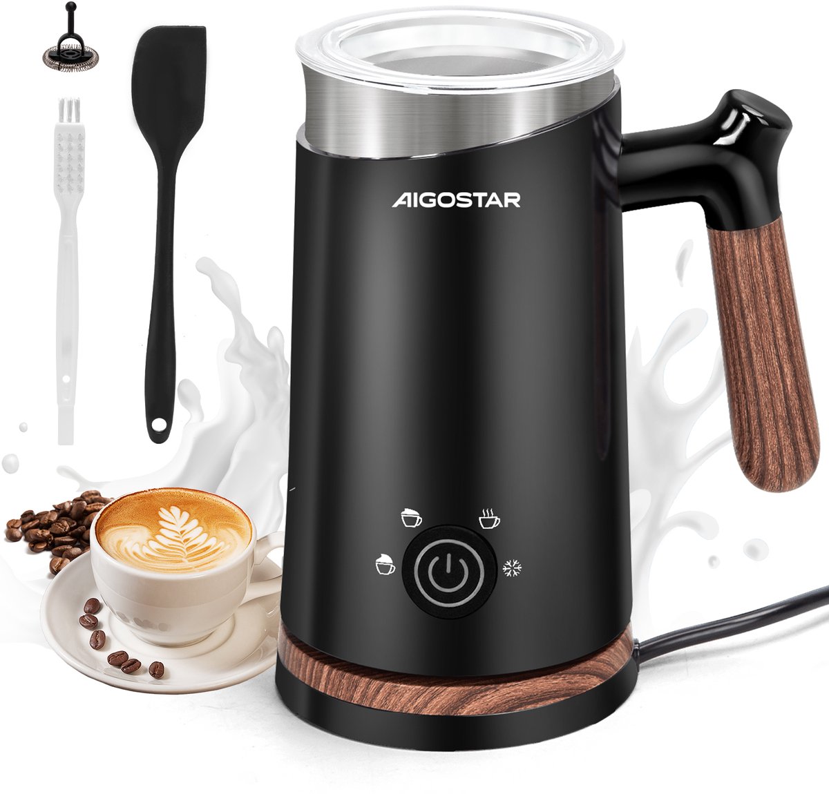 Aigostar Elektrische Melkopschuimer - 4-in-1 - 130/300 ML - Warm/koud opschuimen - Verwarmen - Zwart