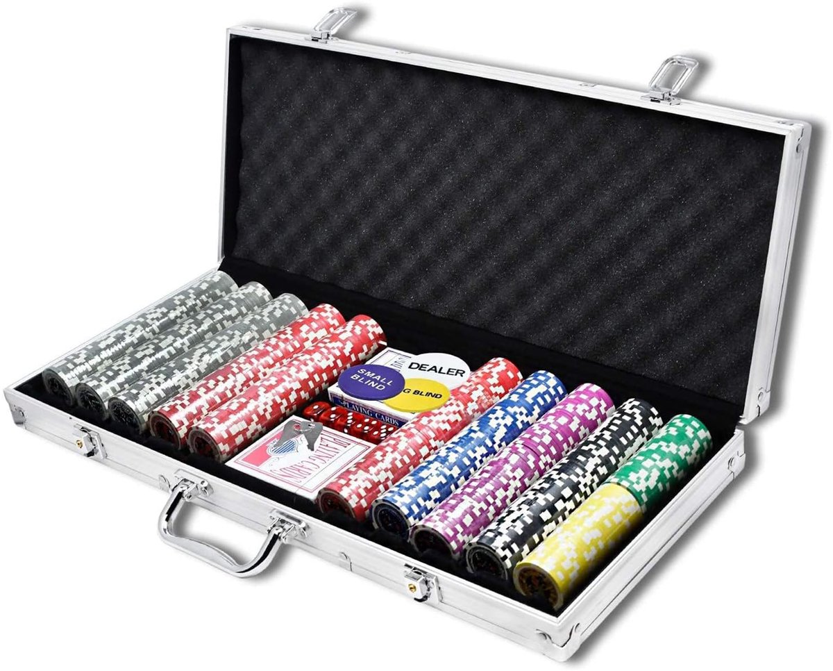 Aufun Pokerkoffer 500 Laser Pokerchips 12 Gramm Metalen Kern – Poker-Set met Zilveren Aluminium Huis, 2 Pokerdecks, 5 Dobbelstenen en Dealer/BB/LB Buttons, Zilver (2 Sleutels Inbegrepen)