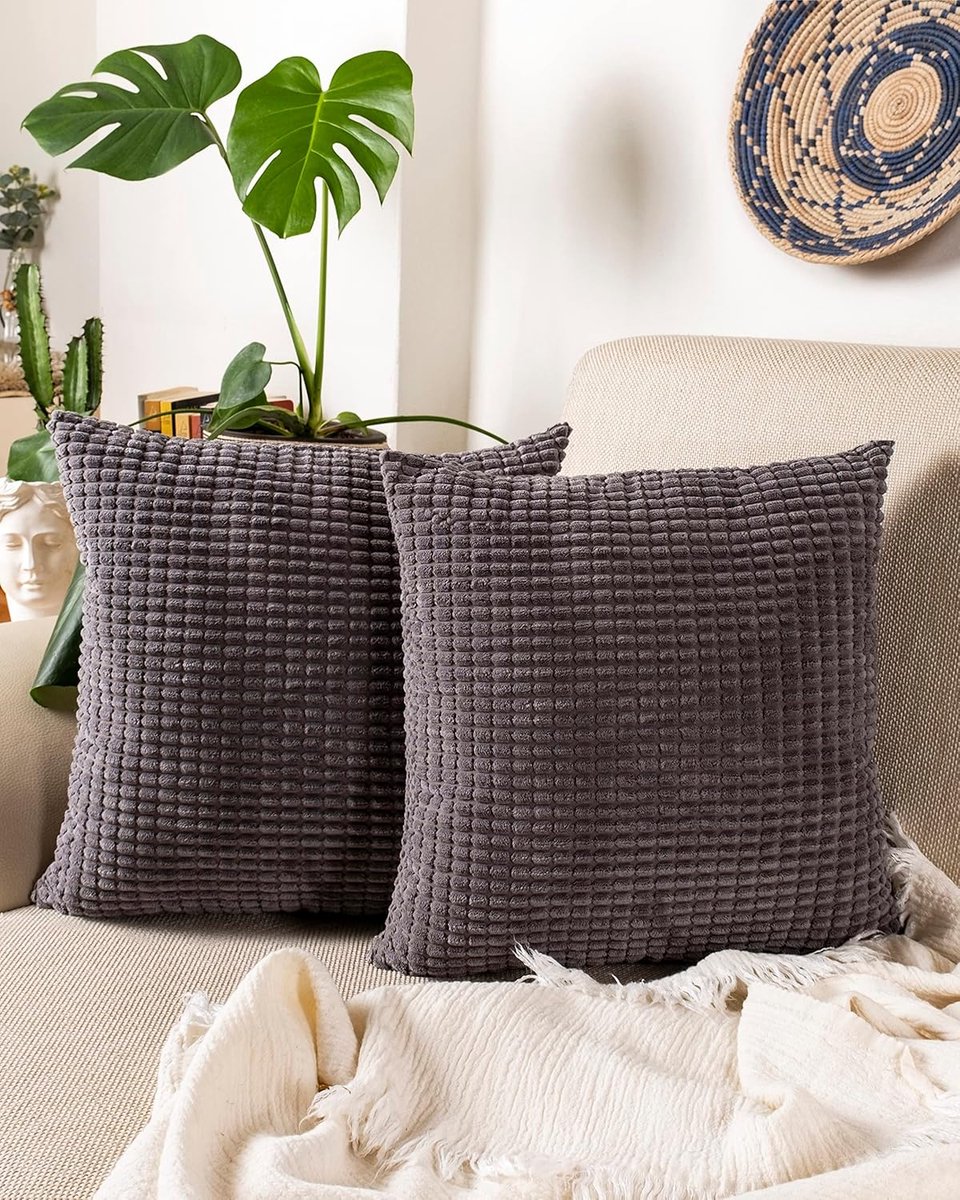 Famanu Corduroy ribfluweel kussenhoezen set van 2 (50x50 cm) – verborgen rits – zachte sierkussenhoezen – antraciet