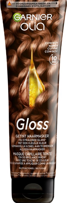Garnier Olia Gloss Cowboy Koper tube met een glanzende gouden druppel olie en golvend haar.