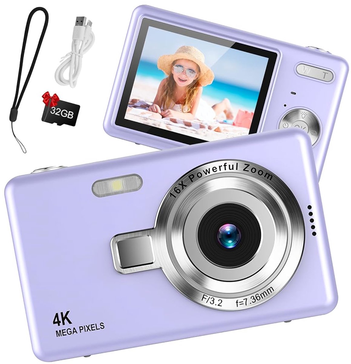 Digitale Camera 44MP - 1080P FHD Video - 2.4 Inch LCD Scherm - 16X Digitale Zoom - Compacte en Draagbare Vlogcamera - Anti Shake Functie - Inclusief 32GB SD Kaart - Paars