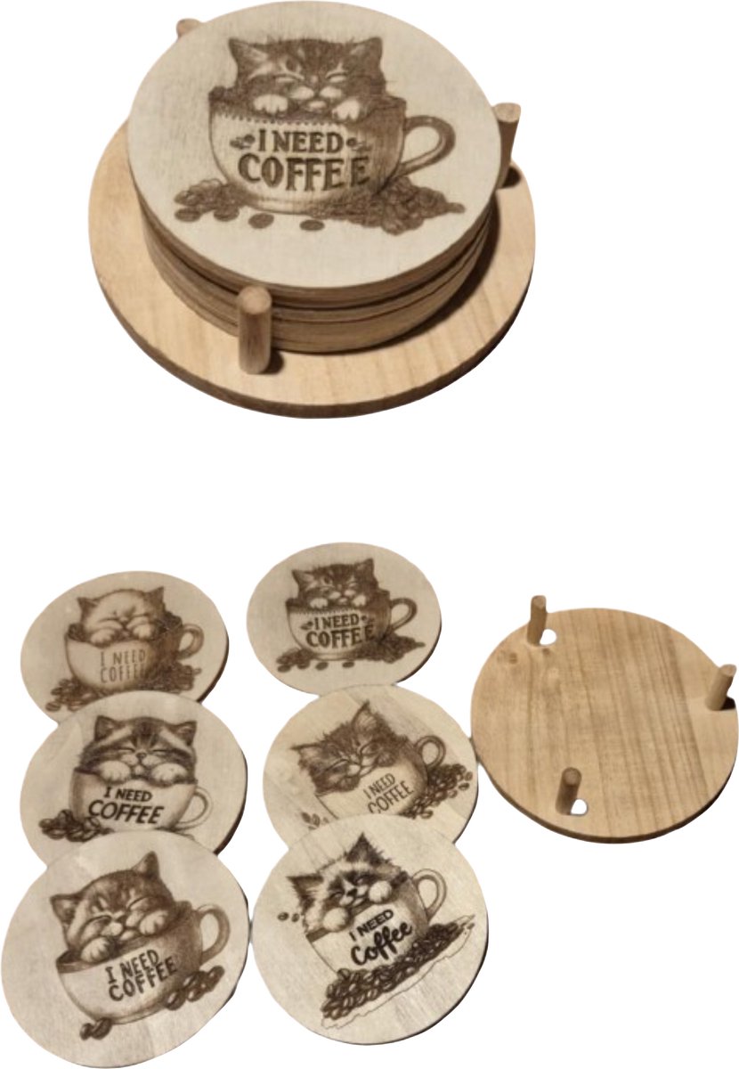 Houten onderzetters met gravure katten - poezen incl houder