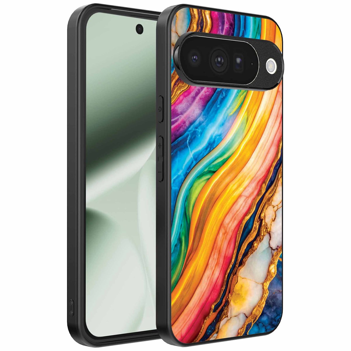 Geschikt voor Google Pixel 10 Telefoonhoesje met Regenboog Goud Marmer Opdruk - TPU Backcover Case Rainbow Gold Marble Design - Smartphonica geschikt voor Google Pixel 10