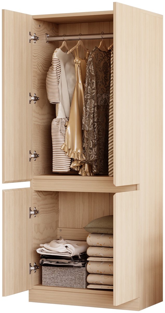 Merax Kledingkast 70x40x170 cm – Houten Garderobekast met Dubbeldeuren – Hangruimte en Groot Opbergvak – Moderne Kledingkast in Houtkleur Natuurlijk