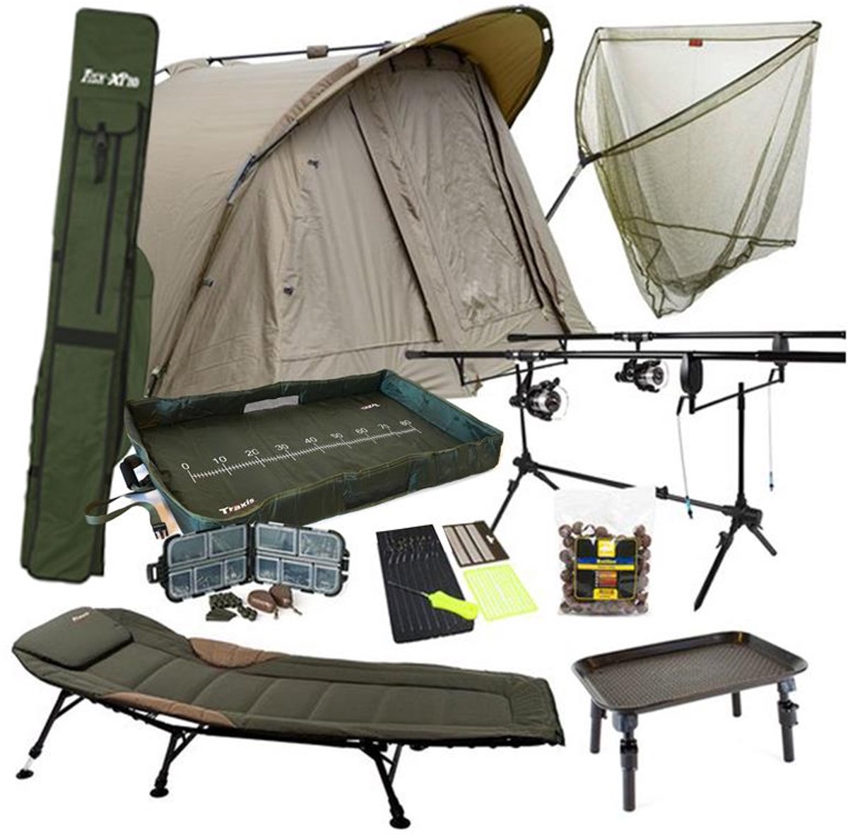 Traxis Karperset - Overnighter Set - Karpervissen - Vistent - 2 Hengels - 2 Molens - Stretcher - Schepnet - Onthaakmat - Rodpod -Beetmelders