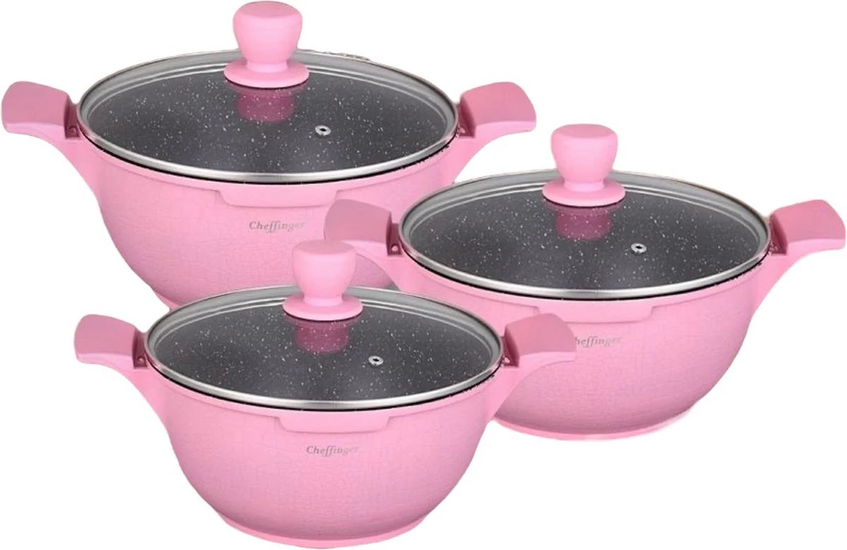 Babij Cooking Pannenset - Crocodile Line - 6-delig - 20, 24 & 28cm - Roze