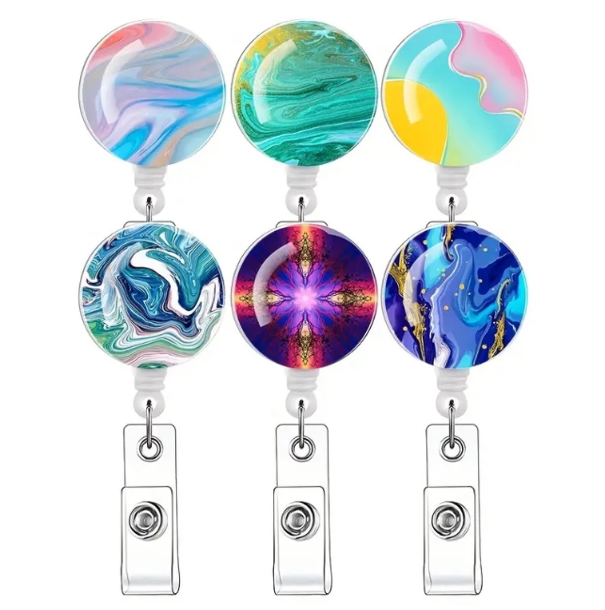 Mj Joys® - Badgehouder met trekkoord - 6-delige Set - Uitschuifbare Badgehouders met Clip - Badgehouder met afrolmechanisme - Badge houder - Badgehouder met koord - Badgehouder - Badgehouder met trekkoord - Gemarmerde Galaxy Print