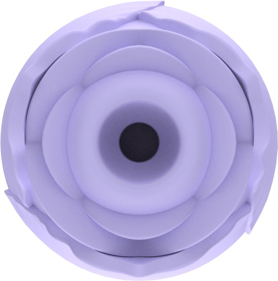 Top-down weergave van een lila rozenvormige vibrator, op zwarte achtergrond.