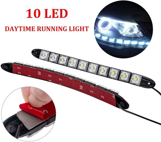 Twee zwarte strips met elk 10 LED-lampjes en rode zelfklevende achterkant. De bovenste strip toont een autokoplamp.