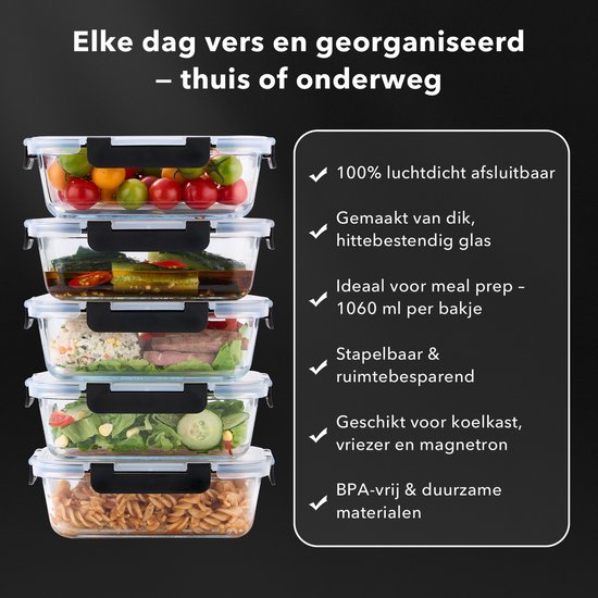 BARDI 10 Delige Glazen Meal Prep Bakjes + 10 Wonderspons - Glazen Vershoudbakjes - Luchtdicht - BPA-vrij - 1060ML + 370ML - Zwarte Clips van BARDI — afbeelding 5