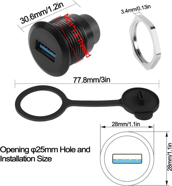 Zazitec USB 3.0 (v) naar USB-C (v) Paneel Connector - Ronde Inbouw ...