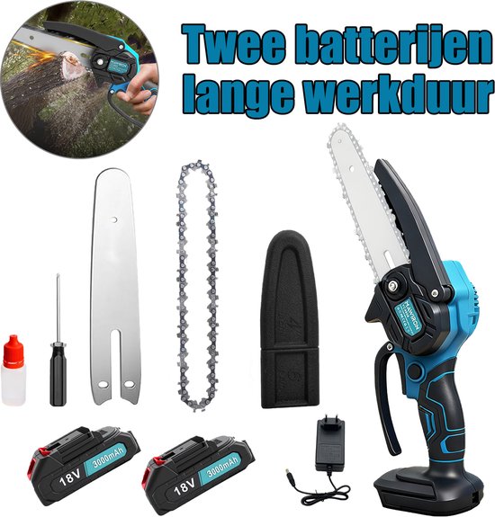 Mini Kettingzaag 6 Inch, Elektrische Kettingzaag Accu, Accu-aangedreven Kettingzaag met Olier, 2 Stuks 3000mAh 18V Batterijen, Kleine Handzame Tuin Zagen voor Takken en Hout Zagen, Cadeaus voor Mannen en Vrouwen