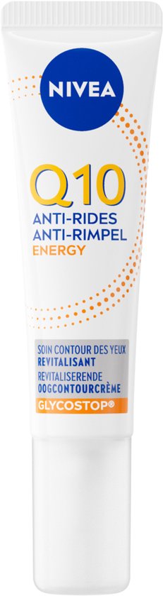 NIVEA Q10 Energy oogcontourcrème, witte tube met blauwe dop, oranje stippen en tekst Q10 ANTI-RIDES ANTI-RIMPEL ENERGY.