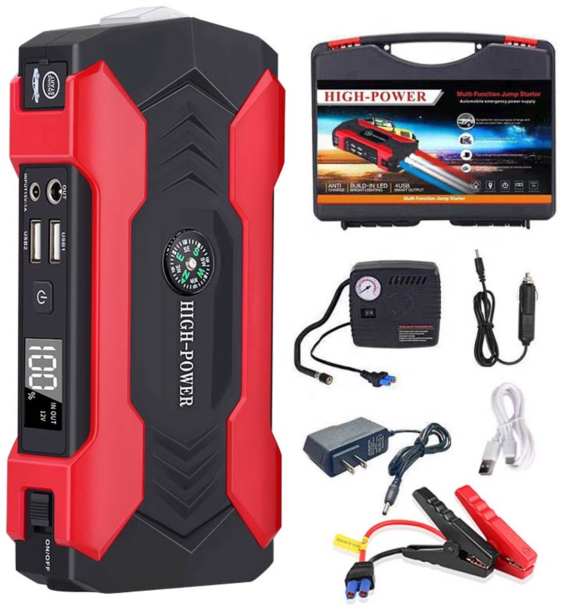 Auto Jumpstarter 12V Powerbank met lucht Compressor & LED – Noodstarter voor Auto, 12000mAh, 600A Piekstroom – Zwart/Rood