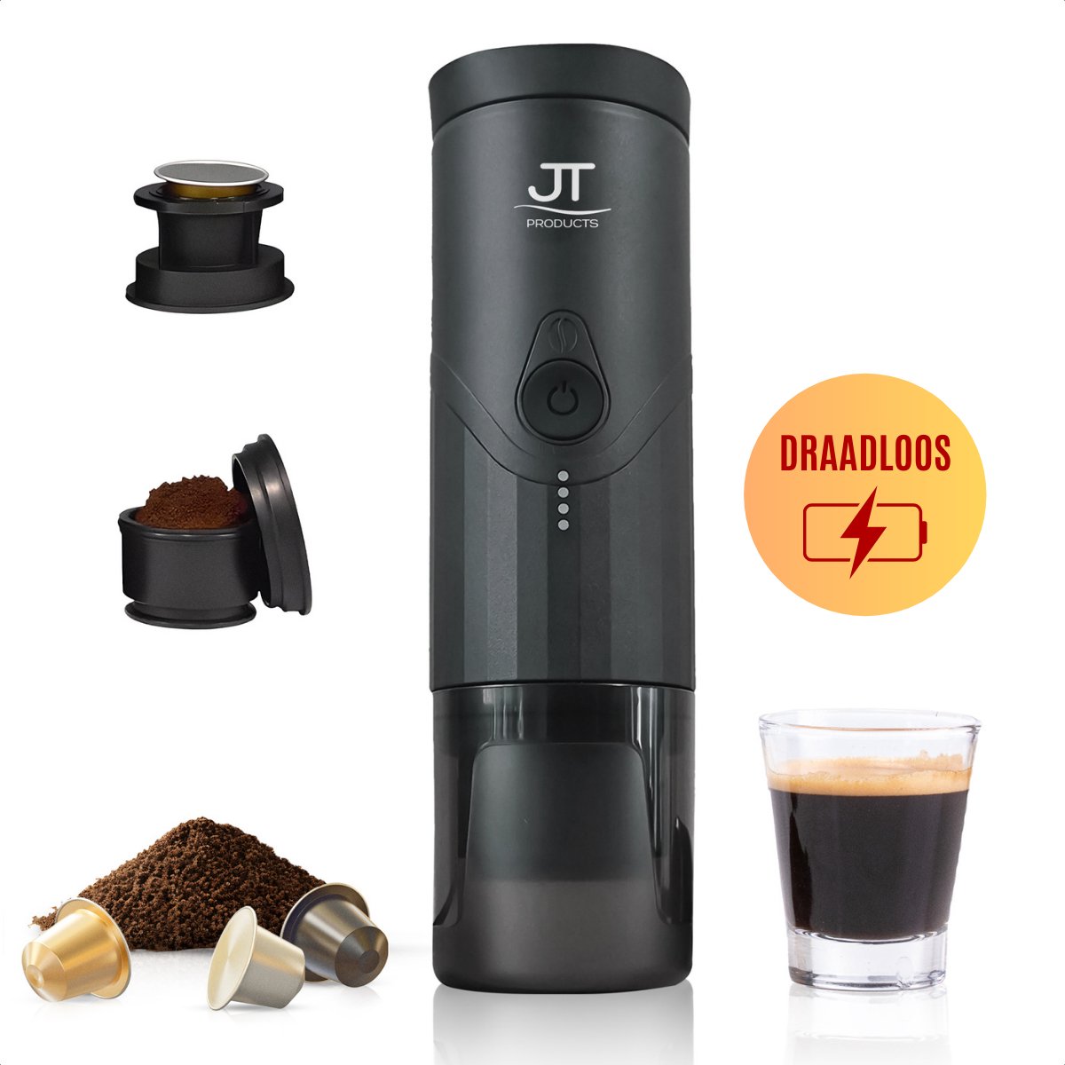 ICARE Tragbare Espressomaschine mit Akku, 3-in-1 Kaffeemaschine für Camping, Auto und Reisen, kompatibel mit Kapseln und gemahlenem Kaffee, USB / 12V Auto-Ladung, Weiß