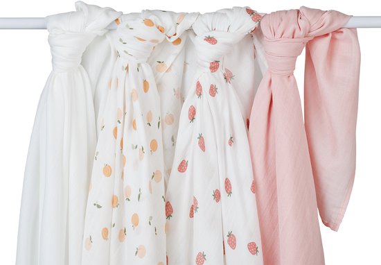 Lulujo - hydrofiele doeken - swaddle - bamboo - 120x120 cm - 4-pack - Berries & Peaches van Merkloos — afbeelding 3