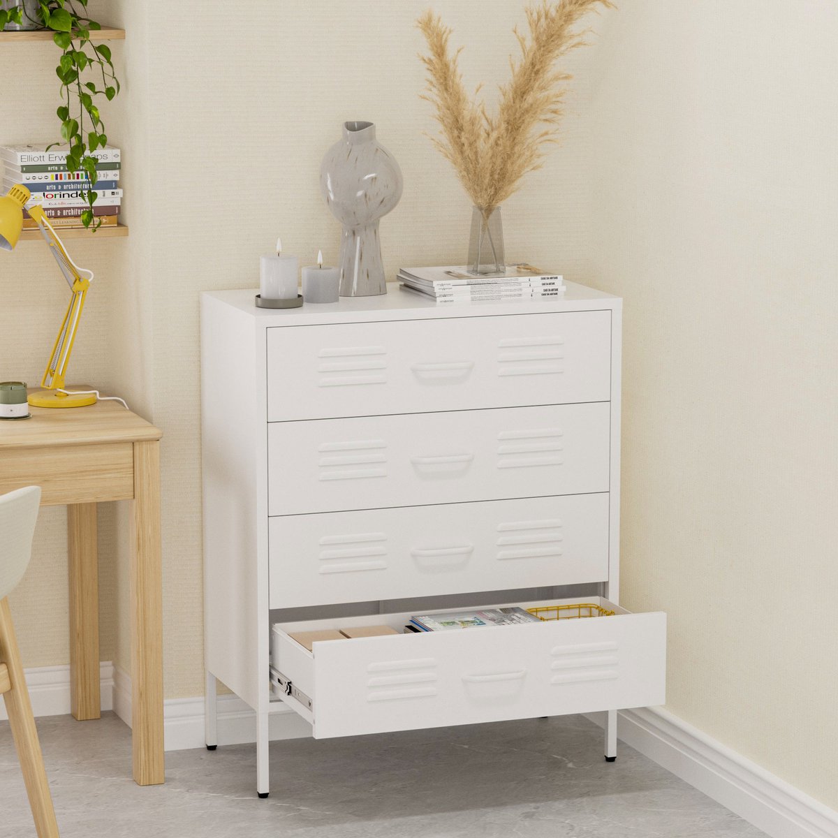 Lendo Online Ladekast - Lockerkast - Kledingkast - Commode - Opbergkast - Kast industrieel - Industriële kast met lades - Metalen Kast voor Slaapkamer - 80x40x100 cm (LxBxH) - Gepoedercoat staal - Metaal - Wit