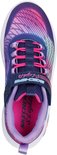 Bovenkant van een navy sneaker met paarse, roze en turquoise glinsterende lijnen, 'S-Lights' logo en klittenband.