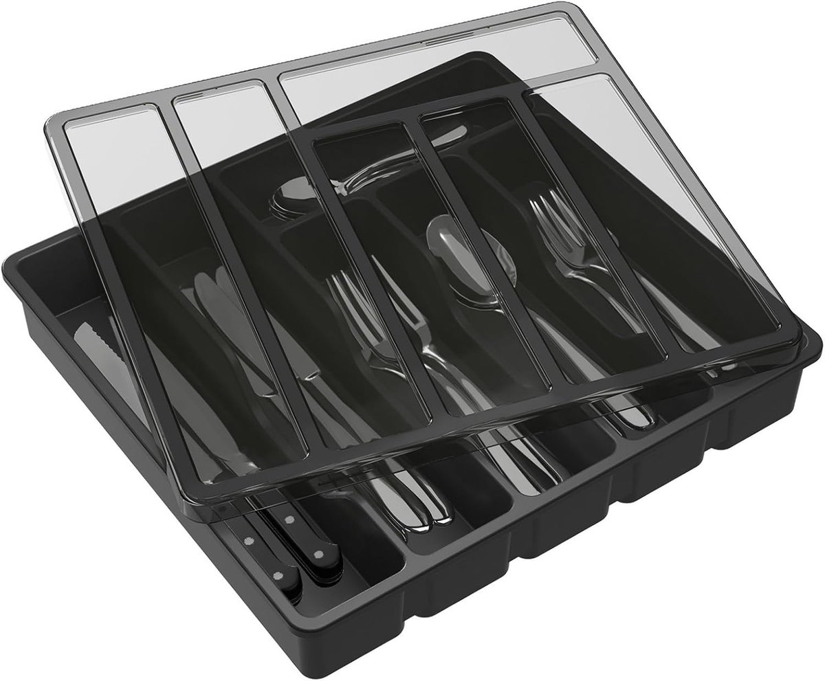Famanu - Besteklade met deksel keuken organizer met 6 compartimenten zwart