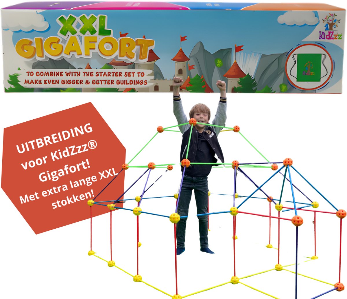 KidZzz® Gigafort XXL Uitbreidingsset - Bouw nóg grotere forten- Uitbreiding - Upgrade - Set met Extra lange Stokken - Extra grote Draagtas - Bouwspeelgoed - Hut bouwen - Speeltent - STEM speelgoed - Constructiespeelgoed - Bouwset - 45 onderdelen