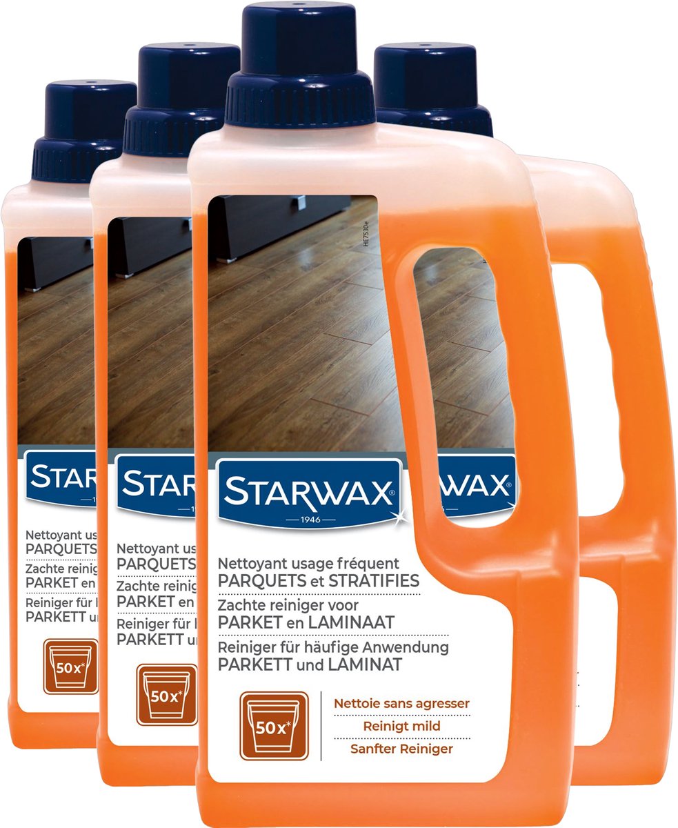 Starwax Reiniger voor Gecoat Laminaat en Parket - 4x 1L - Vloerreiniger Frequent Gebruik - Streeploos & Beschermend - Inhoud: 1L - Kleur: oranje - LxBxH: 11,8x24,5x6,4cm