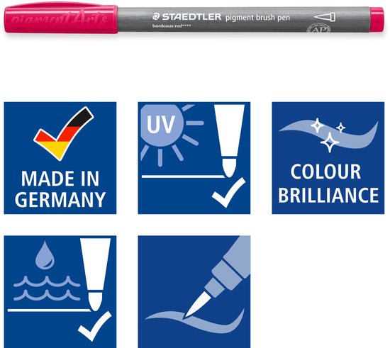 Bordeauxrode pigment brush pen van STAEDTLER met informatie over producteigenschappen.