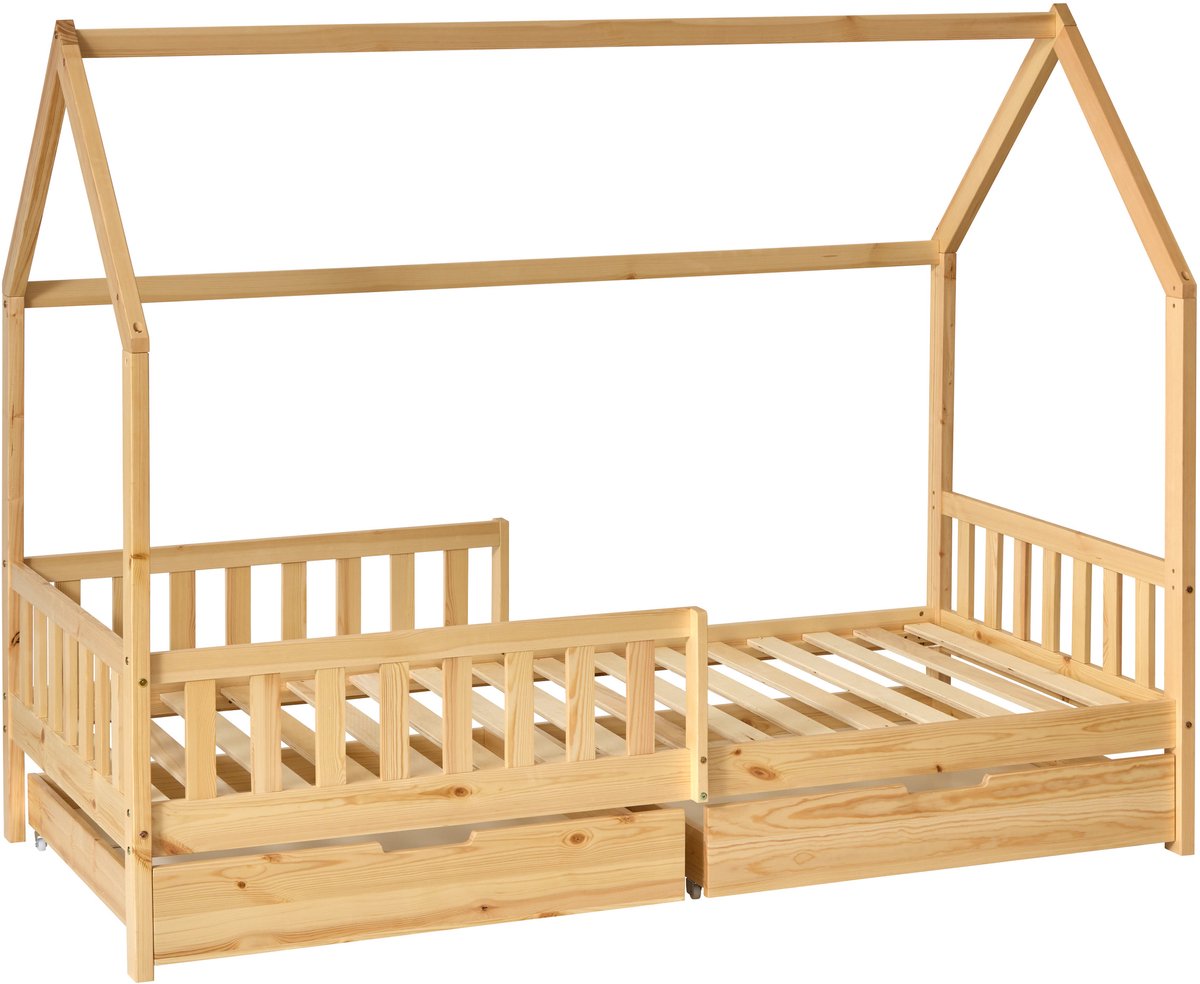 Kids kinderbed hut - 90 x 190 cm - Bed - Tentbed met bodem en lades - Met beschermrand