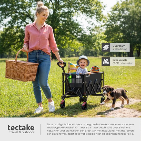tectake® Bolderkar - Opvouwbaar - 80 kg Draagkracht - Draaibare Massieve wielen met Rem - 45 x 88 x 95 cm - Bolderkarren - Bolderwagen - Met Verstelbare Duwstang - Handkar - Waterafstotende Transportwagen - Met Legplank en Binnenvak van Merkloos — afbeelding 5
