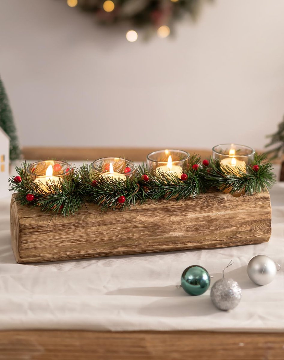 Unyqoos Houten Kerzenhouder met Kerstkrans voor Sfeervolle Tafeldecoratie Bruin