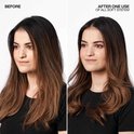 Femme aux cheveux bruns avant et après l'utilisation du système Redken All Soft. Les cheveux sont visiblement améliorés.