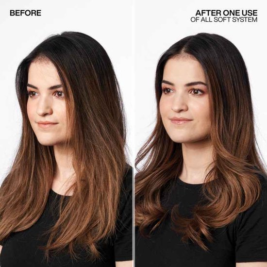 Femme aux cheveux bruns avant et après l'utilisation du système Redken All Soft. Les cheveux sont visiblement améliorés.