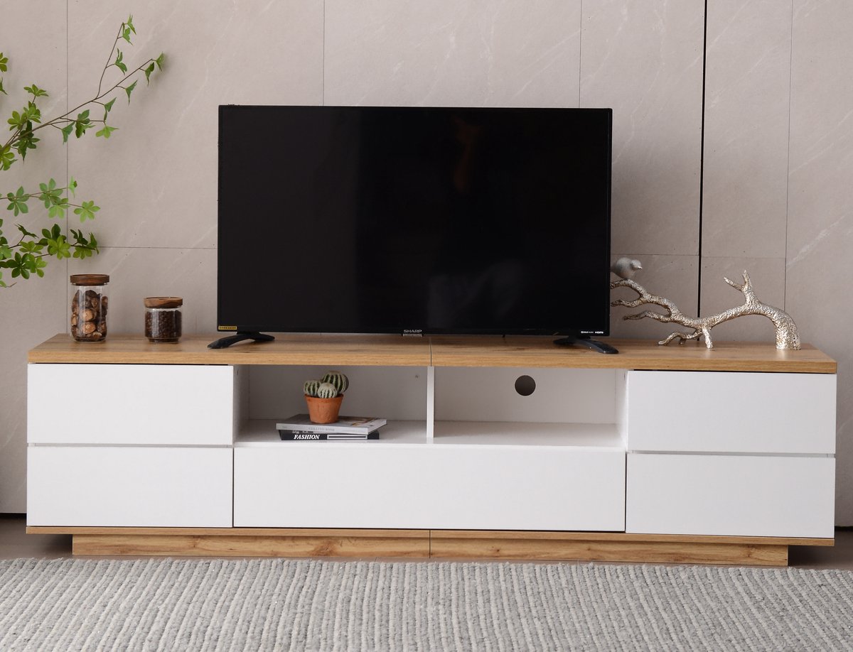 Pugsdrly Moderne kleurblok tv-kast in witte uitvoering, tv-kast met houtnerf, 180 cm