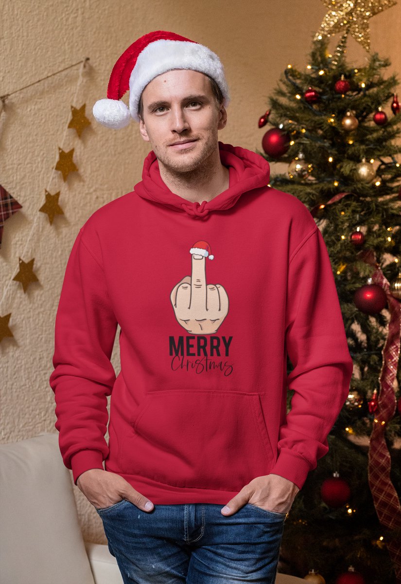 Middle Finger - Kerst Hoodie - Kerst Trui Rood - Grappig Hoodie - Maat M - Limited Edition