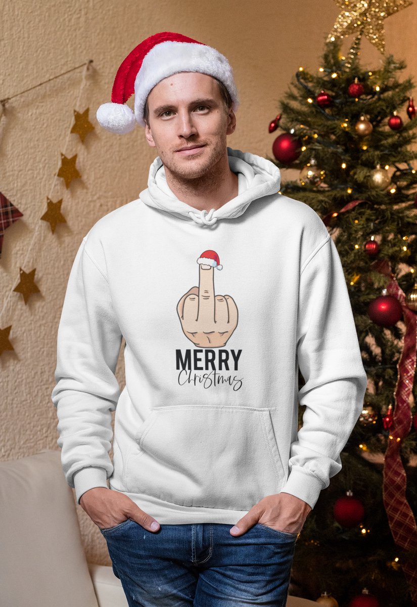 Middle Finger - Kerst Hoodie - Kerst Trui Wit - Grappig Hoodie - Maat XL - Limited Edition