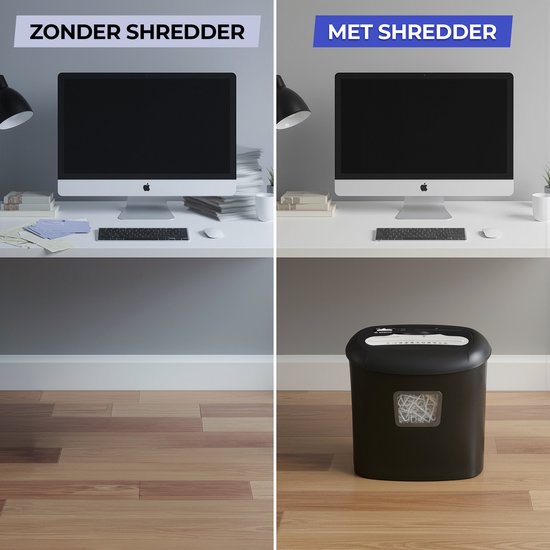 Vergelijking van een bureau zonder en met een zwarte papierversnipperaar. Bureau met versnipperaar is opgeruimd.
