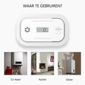 Installatievoorbeelden: koolmonoxidemelder bij een CV-ketel, open haard en geiser.