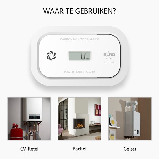 Installatievoorbeelden: koolmonoxidemelder bij een CV-ketel, open haard en geiser.