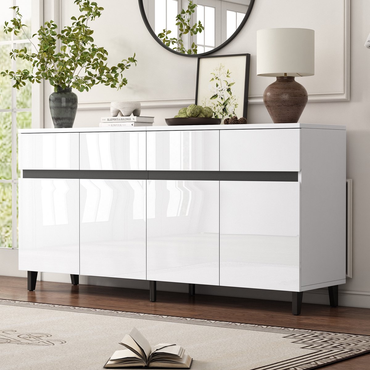 Pugsdrly Hoogglans dressoir, ladekasten, highboard, ladekasten met 4 lades, 2 deuren en in hoogte verstelbare planken, hoogglans dressoir, hoogglans onderkasten, hoekkasten