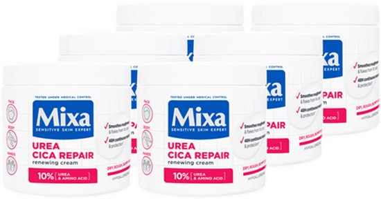 Zes potten Mixa Urea Cica Repair+ crème op een witte achtergrond.