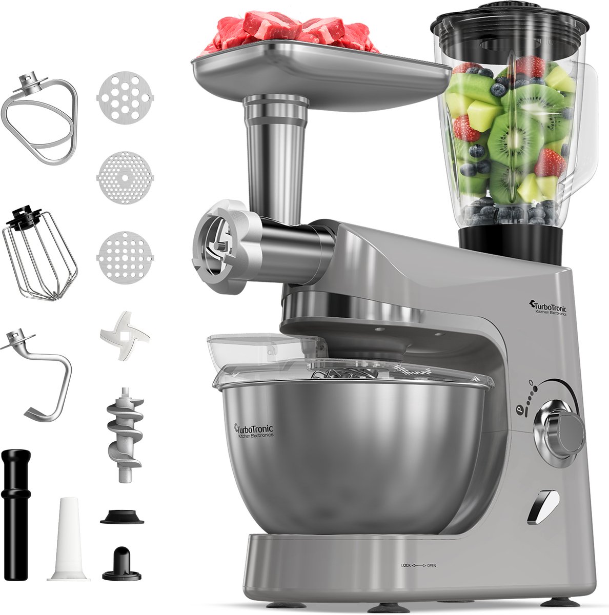 TurboTronic TT-007 / Keukenmachine - Staande Keukenmixer- keukenrobot -Foodprocessor - 5 Liter - 2000W - Zilver