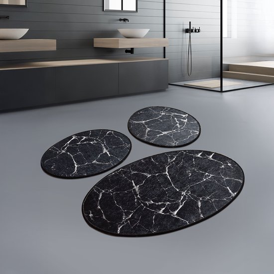 Bosdela 3-delige Badmat Set Ovaal – Marmerlook – Antislip – Luxe Badrum Paspassen toiletmat – Zwart Marmer 60x100 + 50x60 + 50x60cm