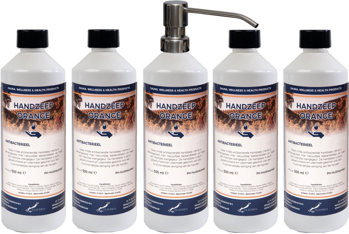Handzeep Orange 500 ml - set van 5 stuks - met gratis RVS zilverkleurige pomp - Voordeelverpakking