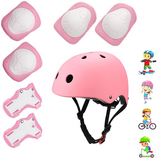 Foto: 7 delige fietshelm combi met bescherming kniebeschermers elleboogbeschermers polsbanden verstelbare helm beschermende kleding voor skateboards sportbescherming geschikt voor rolschaatsen ski n en fietsen roze