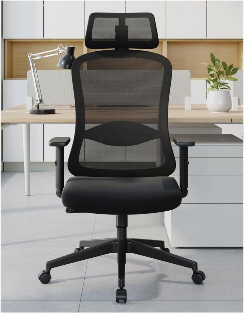 Ergonomische Bureaustoel met Schuimlendenkussen | Executive Draaistoel met Verstelbare 2D Hoofdsteun & Armleuningen | Comfortabele Office Chair tot 150 kg | Zwart